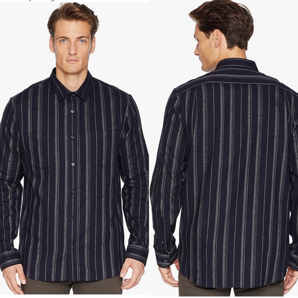 Vince Flannel Navy Gray Stripe Long Sleeve Coastal Medium Button down Dress